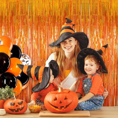 Orange Foil Fringe Curtain Backdrop 3 Pack, 3.2 x 8.2 FT Halloween Decor