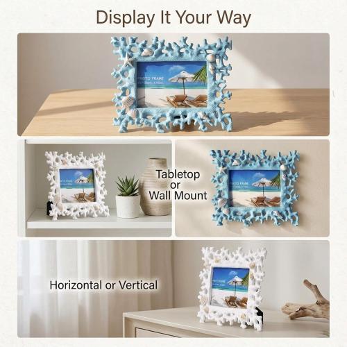 4x6 Coral Shell Picture Frame, White Resin Beach Decor