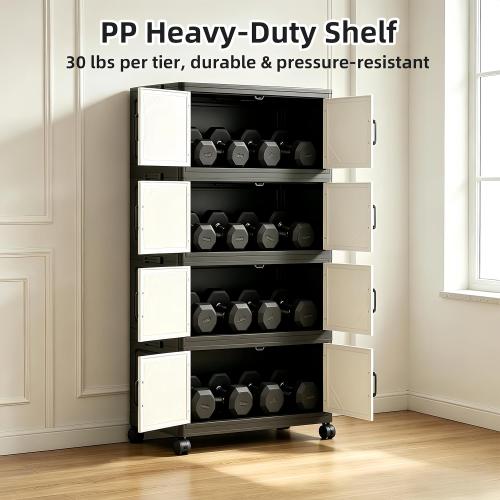 Color- black, Foldable Storage Cabinet with Doors and Wheels, 4 Tier Stackable Organizer, Freestanding Pantry Cabinet for Kitchen, Snacks, Toys, Bedroom, Home Office