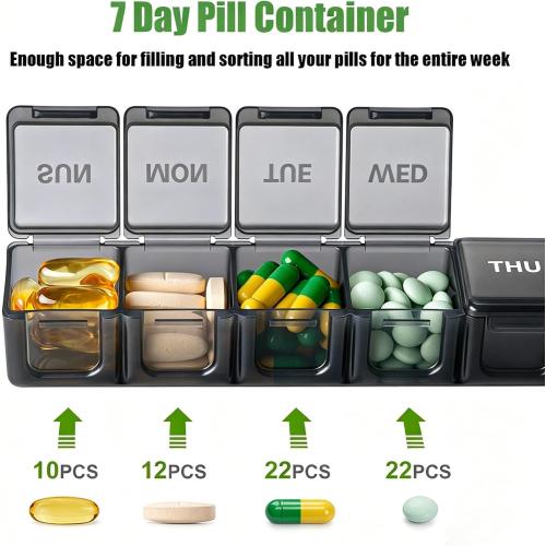 2 Pack Weekly Pill Organizer, Large 7 Day Travel Pill Case (White & Black)