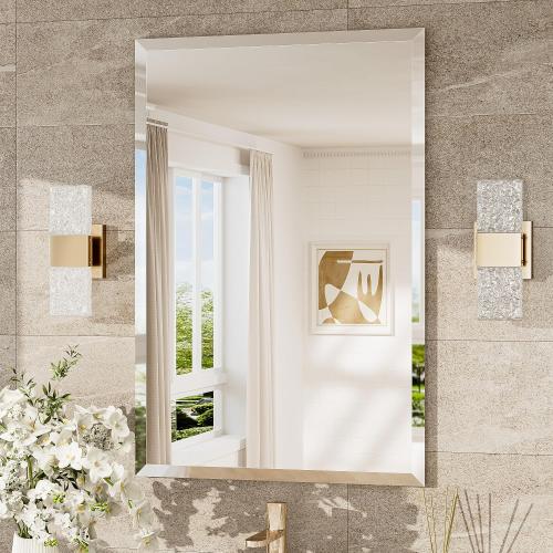 TokeShimi 24x36 Beveled Wall Mirror Decorative, Bathroom Vanity Mirrored with 1 Beveled Edge, Shatterproof Modern Frameless Mirror Bathroom Rectangle for Living Room, Entryway, Restroom