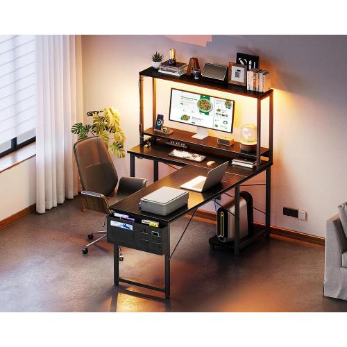 ODK 53 L Shaped Gaming Desk with Shelves, LED & Outlets, Black