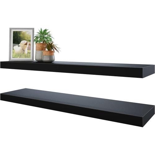 BAMEOS Floating Shelves, 35 Wx7 D Black Wall Mounted Wooden Shelves with Invisible Brackets Set of 2, Hanging Wall Shelves Decoration for Bedroom and Kitchen