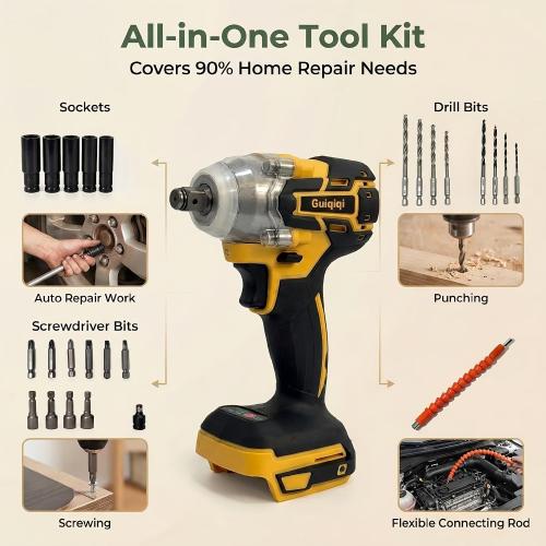 21V Brushless Impact Wrench Set, 1/2 Cordless Power Tool with 2 Lithium Ion Batteries, Charger, Sleeve Adapters and Accessories for Car Maintenance (2Highcapacity battery Toolbox)
