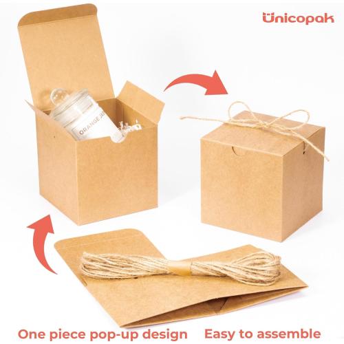 UnicoPak 10 Pack 4x4x4 Small Brown Gift Boxes with Lids & Twine - Premium USA Kraft Cardboard - Pop-Up Easy Assembly Gift Boxes for Presents, Candles, Mugs, Ornaments, Favors