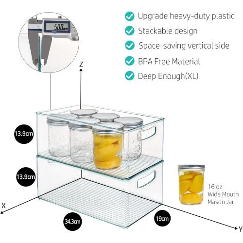 Hudgan 8 PACK Stackable Pantry Organizer Bins (3 Size) - Clear Fridge Organizer for Kitchen, Freezer, Refrigerator, Cabinet - Plastic Storage Container with Handle for Home