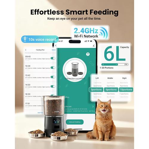 Automatic Cat Feeder for 3 Cats with WiFi Control, Anti-Jam System, 6L