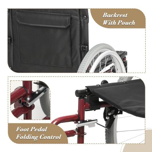 Athena Collection Wheelchair for Adult, Foldable Transport Wheelchair with 17 Width Seat 23.5 Rear Wheel, Wheel Chair with Flit-Back Armrest Swing-Away Footrest and Brake, Support 300 Lbs, Red