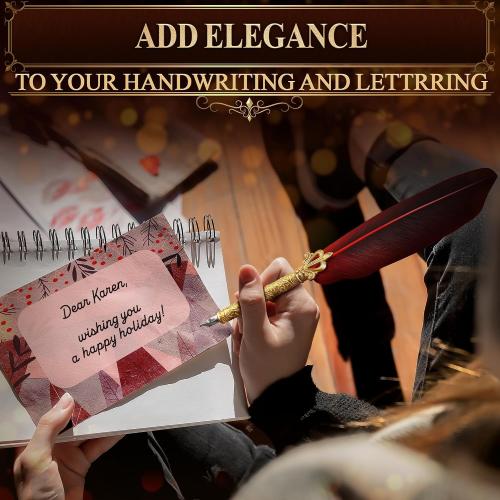 Red Feather Quill Pen and Ink Set - 11.4 Antique Feather Pen and Ink Set with Stainless Steel Nib for Calligraphy Practice, Drawing & Signatures - Designed for Beginners and Calligraphy Enthusiasts