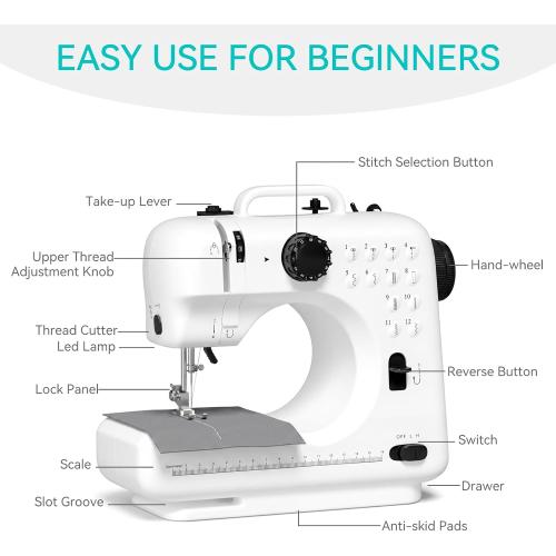 Mini Sewing Machine for Beginners, Portable with Dual Speed, 12 Stitches, Foot Pedal and Accessories Kit for Home Quick Repairs DIY Crafts & Gift, Black