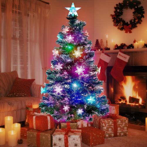 Prsildan 5 FT Artificial Christmas Tree, Pre-Lit Optical Fiber Xmas Trees with Multicolor LED Lights, Snowflakes & Top Star, Lighted Christmas Tree Holiday Home Decor