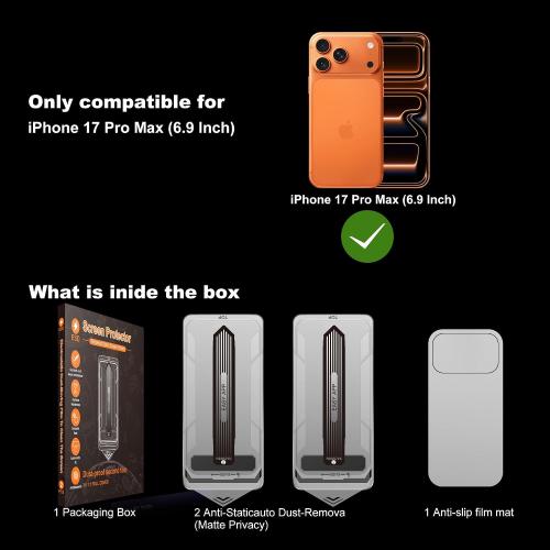 2‑Pack Matte 25° Privacy Screen Protector for iPhone 17 Pro Max