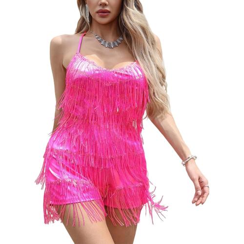Size S Women Halter Tassel Fringe Romper Layered Fringe Mini Dress Sexy Backless Short Jumpsuit Playsuit Disco Birthday Dance Outfit