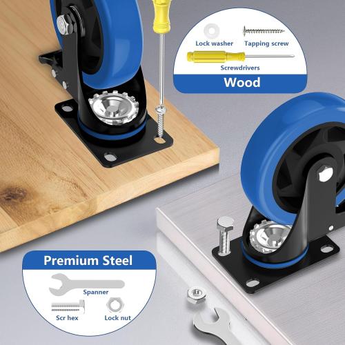 4 Inch Caster Wheel with Brake,Heavy Duty Casters Set of 4,Swivel Top Plate Casters