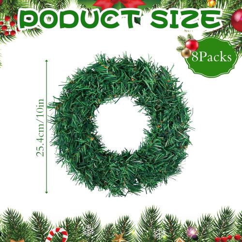 8 Pcs Christmas Wreath 10 Inch Green Artificial Wreaths DIY Faux Plain Wreaths Front Door Green Farmhouse Cabinets Wreath Indoor Outdoor Wall Decor(Fresh)