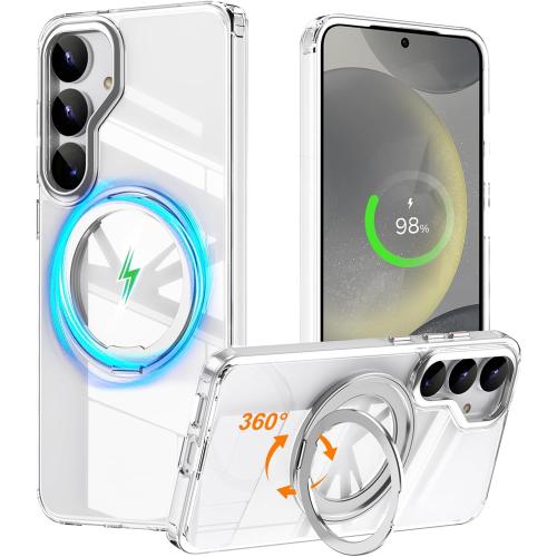 Compatible with Samsung Galaxy S25 Case 360° Invisible Ring Stand Magnetic Case [Compatible with Magsafe][Military Drop Protection] Anti-Fingerprint Shockproof Translucent Design for S25（Clear）