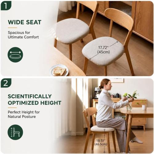 100% Solid Oak Dining Chairs, Mid Century Modern Dining Chair with Curved Backrest, Fabric Upholstered Dining Chairs for Kitchen, Study, Living Room (2, Original Wood-Pear White Cushion)