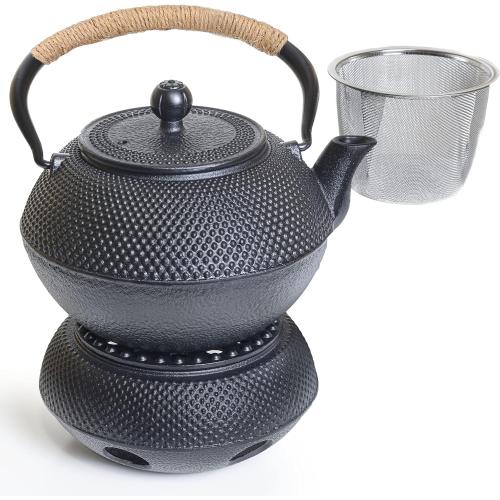 Size 40 oz Oztara Cast Iron Teapot Set, 40 oz/1200 ml Japanese Style Teapot with Infuser and Warmer, Tea pot | Tea Kettle Coated with Enameled Interior, Large Cast Iron Kettle, Black & Iron cast Teapot warmer