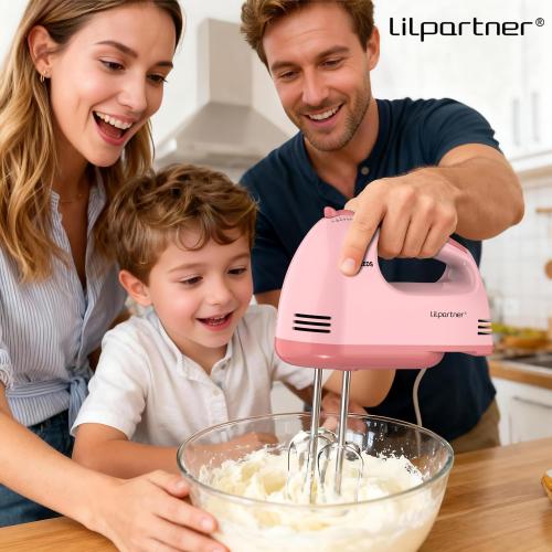 LILPARTNER Hand Mixer Electric, Ultra Power Kitchen Hand Mixer With 7-Speed & 5 Stainless Steel Accessories for Whipping Dough, Cream, Cake, Dishwasher Safe, Light Pink
