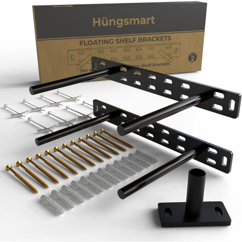 Set of 2 Floating Shelf Brackets 11 inch Multiple Mounting Location Baseplate/Heavy Duty Black Painted Mild Steel Bracket Hidden Wall Shelves Support Hardware Mount Kitchen/Nursery Decor (6 inch Rods)