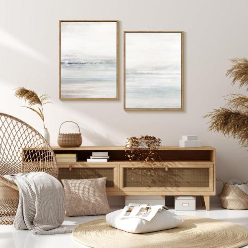 Gardenia Art Framed Wall Art Set Abstract Ocean Beach Canvas Wall Decor Nature Shore Horizon Pictures Modern Decorative Coastal Seascape Artwork for Bedroom Bathroom Home Office 12x16x2 Natural