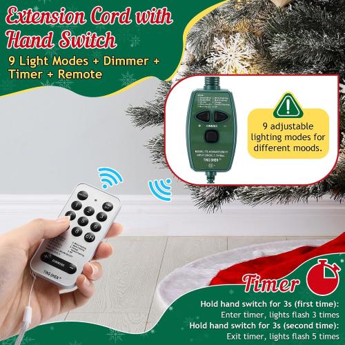 Meonum 1/2 inch Plug Extension Cord for Christmas Tree Lights, Hand Switch with 9 Light Modes Remote, Dimmable, Timer, 15 ft Power Cord Push Button Compatible with TS-8W29V TS-13W29V to TS-48W29V