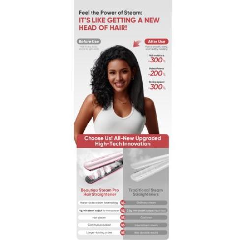 Beautigo Steam Hair Straightener Flat Iron, Anti-Frizz Moisturizing Steam, Reduce Heat Damage, 20s Fast Heat, Ceramic Plates for Thick, Curly & Frizzy Hair, Rose Gold