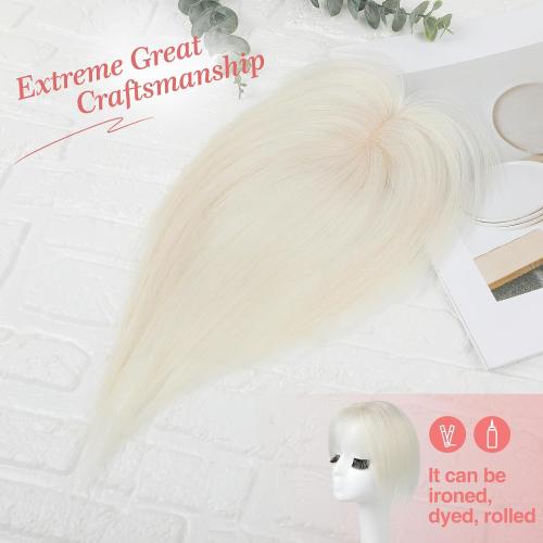 Flufymooz Real Human Hair Toppers for women, 10 Inch Clip in Bangs 100％ Human Hair Toppers for Thinning Hair, Cover Hairpiece with 150% Density Silk Base-White Blonde