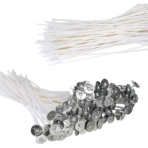 300Pcs Functional Smokeless Candle Wicks - Pre Waxed Cotton Wick with Metal Sustainer Tabs for Pillar Candle Making and DIY, 9cm/3.5in, 15cm/6in, 20cm/8in
