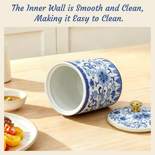 Vintage Blue White Salt Cellar with Lid - Airtight Ceramic Jar