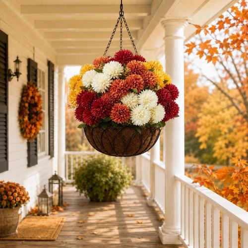 12Pcs Artificial Fall Mums for Outdoors, UV Resistant Fake Silk Mums