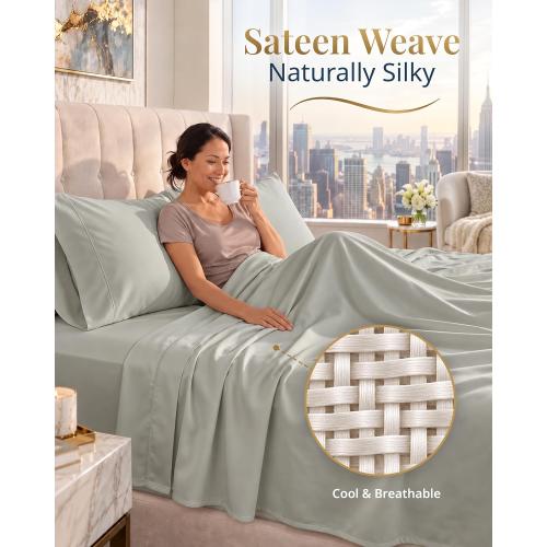 LANE LINEN King Sheets Cooling 100% Egyptian Cotton Sateen - Silver