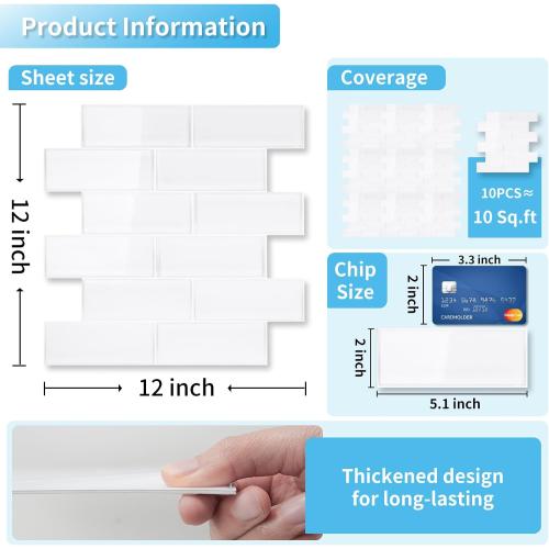 Art3d Subway Design Wall Tile, Peel and Stick Backsplash, 10-Pack, White