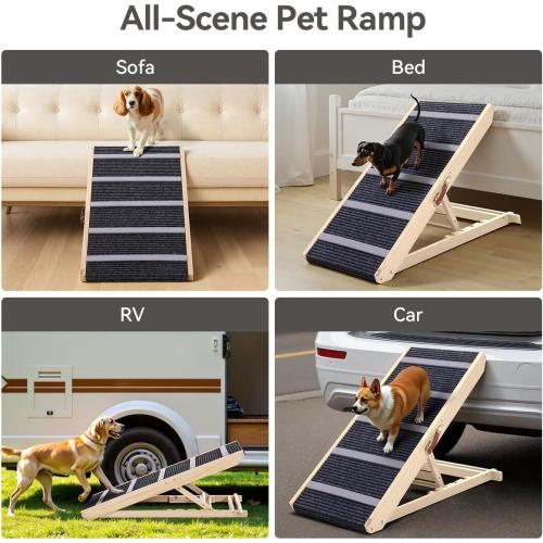 Dog Ramp for Bed, Wooden Dog Ramp for Couch with 4 Adjustable Heights, Anti-Slip Carpet & Wider Walkway, Foldable Pet Ramp for Sofa, Bed, Car, Supports Up to 200 Lbs