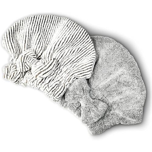 Microfiber Hair Towel Wrap, Soft Absorbent & Quick Drying Cap Set for Curly Thick Hair, Women & Girls - 2 Pcs (Stripe & Gray)