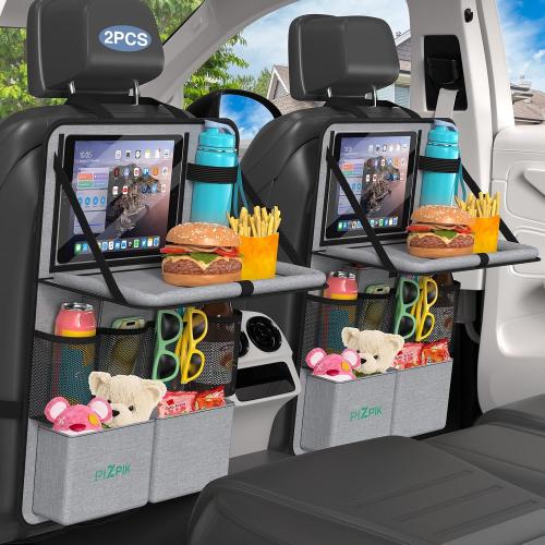 Car Backseat Organizer with Tablet Holder,11 Storage Pockets with Foldable Food Tray, Protector Kick Mats for Kids, Travel Accessories Organizer (Gray, 2Pack with Food Tray)