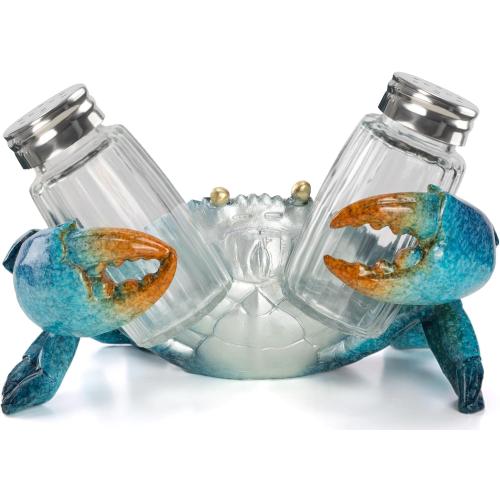 VVGIFTS Blue Crab Salt and Pepper Shaker Holder Beach Coastal Kitchen Decor