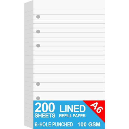 200 Sheets A6 Lined Paper for Filofax Personal Binder Planner, White 100gsm Ruled Pages, 6 Hole Punched, 3.75 x 6.75 Inch