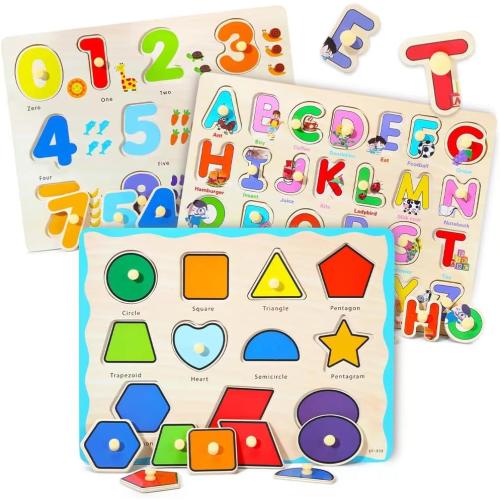GRINNNIE Wooden Montessori Toddler Puzzles for 3 4 5 Years Old, 3 Pcs (Number, Letter, Shape) Kids Preschool Educational Peg Puzzle Set