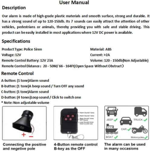 7 Tone Sound Loud Car Siren Vehicle Horn Hooter/Ambulance/Siren/Traffic Sound with Black Remote Controller 12V 100W (2PCS Remote Controller)