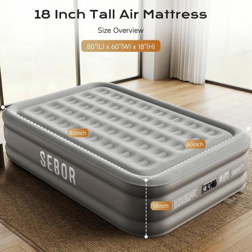 Air Mattress with Built-in Pump, Comfortable Self-Inflating Air Mattress with High-Speed Pump, Durable Blow Up Mattress with Storage Bag for Guests, Camping, Travel (18 Queen, Brown Gray)