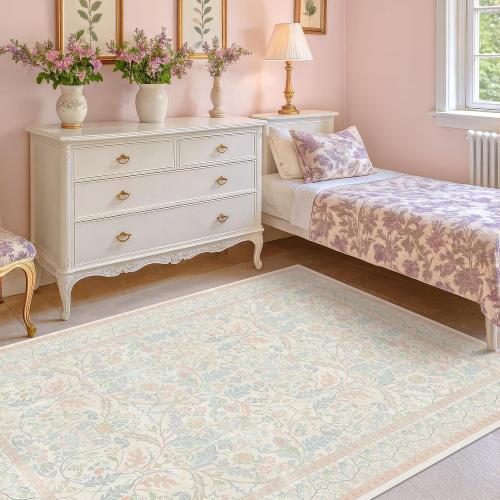 Light Pink 6x9 Girl Bedroom Rug Low Pile & Soft, Botanical Floral Washable Area Rug for French Country Living Room, Nuresry, Pastel Pink Non Slip Soft Kids Room Décor