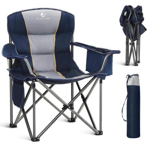 ALPHA CAMP Oversized Folding Camping Chair, Heavy Duty Portable Lawn Chairs with Cooler Bag, Side Pocket & Cup Holder, Folding Chairs for Outside Support 450 LBS