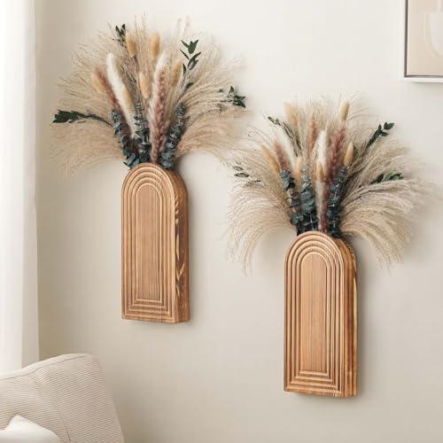 2 Pack Wooden Wall Vase Set with Pampas Grass Eucalyptus, Modern Farmhouse Boho Wall Decor for Living Room, Entryway, Hallway, Bathroom, Dining Room, Brown Wall Art for Home Decoration