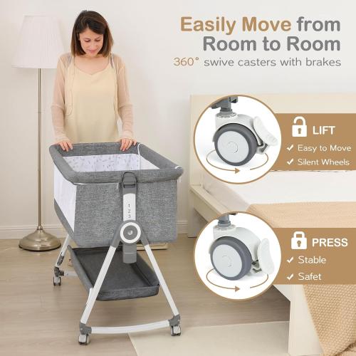 Baby Bassinet, Portable Bedside Bassinet, Twin-Friendly, 4-in-1 Bedside Crib with Waterproof Mattress, Adjustable Height & Locking Wheels for Newborns, Grey