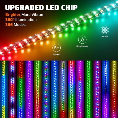 Ehaho 2PCS 3FT Whip Lights w/Spring Base, RGB Chasing, APP & Remote Control | IP67 LED Whip Lights for Side by Side with 366  Light Modes, Music Sync, Brake/Turn/Reverse, Switch for UTV ATV RZR SXS