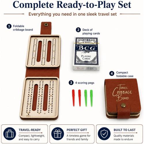 Portable Cribbage Board Set, Premium Leather Foldable Cribbage Game with Playing Card & Pegs, Pocket Size for Camping, Travel, Adventures & Unique Gift for Father's Day, Christmas & Cribbage Lovers