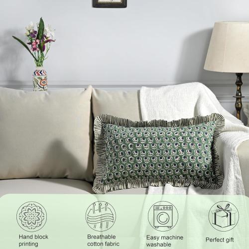 Ridhi Basil Green Block Print Ruffle Pillow Sham 20x12 Inch Set of 1