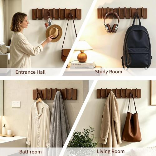 Wood Coat Rack Wall Mount, Coat Hooks Hanger Wall Mounted, Heavy Duty Wall Coat Rack with 8 Hooks for Hanging Coats/Keys/Hats/Robe&Towels/Plants/Bags, Walnut