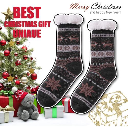 Mens Fuzzy Slipper Socks Soft Warm Fleece Lined Non Slip Winter Socks Black Deer